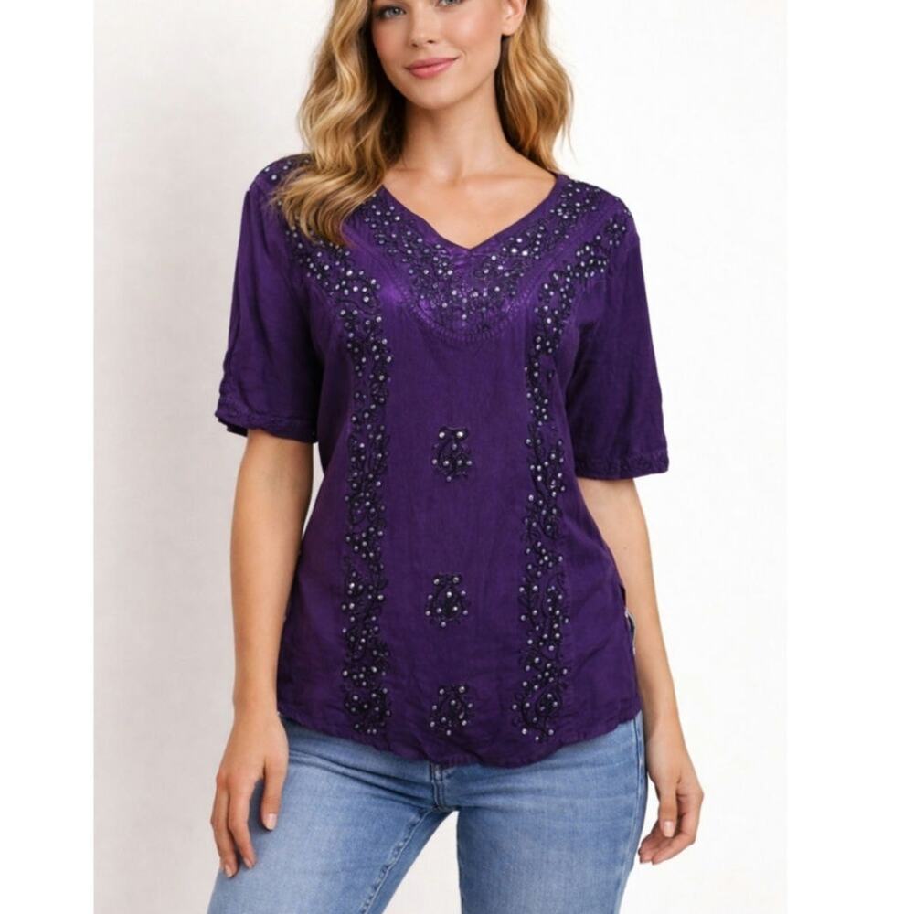 BRAJA Vintage 90's Purple Short Sleeve Embroidered Sequin Size Large Casual Boho